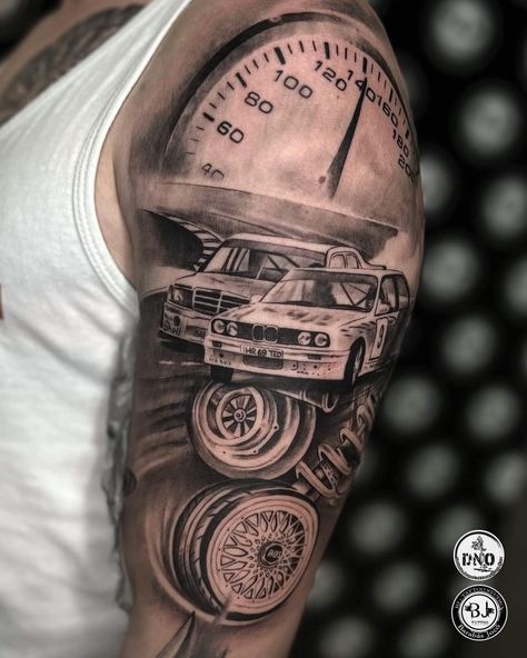 Car Guy Tattoos Sleeve, Mechanic Sleeve Tattoos For Guys, Bmw Tattoos For Men, Car Sleeve Tattoo For Men, Car Guy Tattoos For Men, Car Sleeve Tattoo, Bmw E30 Tattoo, Car Tattoo Sleeve, Car Themed Tattoos