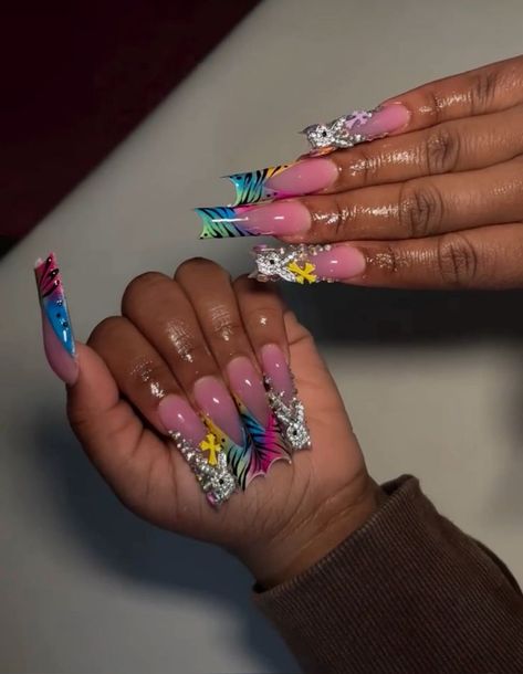 Spring French Tip, Zebra Nail Designs, Michelle Nails, Zebra Nails, Long Acrylic Nail Designs, Ombre Acrylic Nails, Glamour Nails, Dope Nail Designs, Unique Acrylic Nails