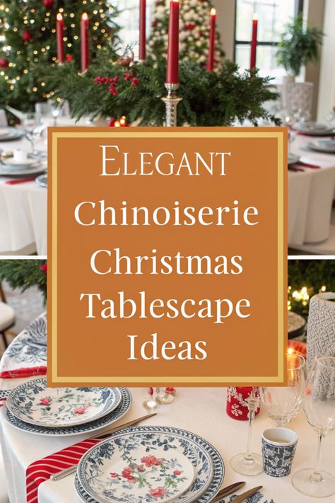 🌸 Add sophistication with a chinoiserie Christmas tablescape! 🎄 Use blue and white porcelain, pagoda motifs, and delicate patterns. 🐉 Incorporate elements like ginger jars, silk fabrics, and gold accents. ✨ Create a refined and unique atmosphere for your festive celebrations! 🎁 Chinoiserie Christmas Table, Chinoiserie Christmas Tablescape, Blue And White Christmas Tablescapes, White Christmas Tablescapes, Chinoiserie Tablescape, Mismatched Glassware, Chinoiserie Christmas Decor, Blue And White Tablescapes, Christmas Dining Table Decorations