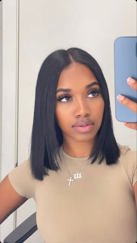 Sleek Bob Hairstyles Black Women, Shoulder Length Haircut Black Women, Sew In Bobs For Black Women, Bob Cut Black Women Real Hair, Jet Black Bob Black Women, Bob Haircuts Black Women, Shoulder Length Hair Bob, Relaxed Hair Bob, Shoulder Length Bob Black Women