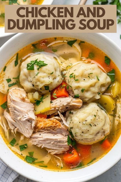 Bowl of chicken and dumpling soup with vegetables and herbs. Chicken Dumpling Soup Homemade, Chicken Stew Dumplings, Chicken Stew Dumplings Recipe, Gf Dumplings For Soup, Chicken Soup And Dumplings, Dumplings For Chicken Soup, Chicken And Dumpling Soup Recipes, Gf Chicken And Dumplings, Chicken & Dumplings