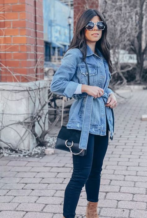 Denim Jacket With Belt Outfit, Dark Jeans With Light Jean Jacket Outfit, Denim Jacket With Belt, Denim Belted Jacket Outfit, Belted Jean Jacket Outfit, Belted Denim Jacket, Belted Denim Jacket Outfit, Belted Jacket Outfit, Denim Dress Outfits