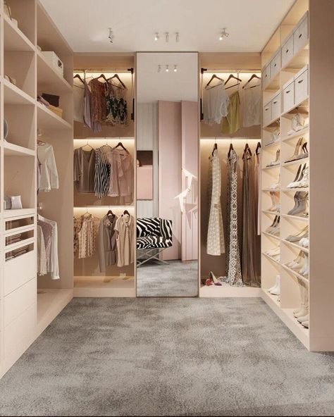 Rose Gold Walk In Closet, Walk In Wardrobe Women, Big Walk In Wardrobe, Walk In Closet Inspo Aesthetic, Pink Walk In Wardrobe, Walking Cupboard, Walk In Wardrobe Aesthetic, Square Walk In Closet Layout, Dressing Room Ideas Walk In Wardrobe