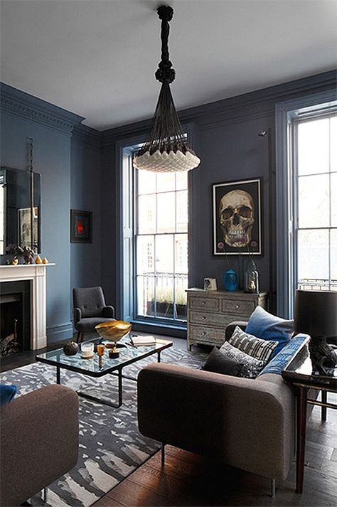 10 Distinctive Living Rooms You Can Recreate in Your Own Apartment  - Primer Gray Wall Living Room, Indigo Living Room, Blue Walls Living Room, Blue Grey Walls, Wall Living Room, Gray Wall, Eclectic Living Room, Blue Living Room, Blue Rooms