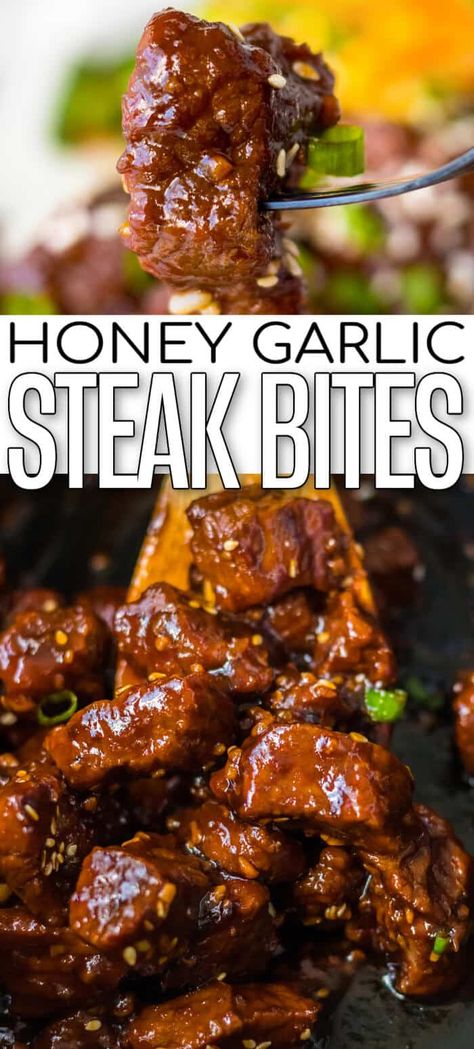 Steak Bites In The Crockpot, Beef Family Dinners, Honey Glazed Steak, Recipes For Steak Tips, Steak Bite Recipes For Dinner, Honey Garlic Steak Bites Instant Pot, Beef Ball Tip Steak Recipes, Sticky Honey Garlic Steak Bites, Beef Stew Steak Bites