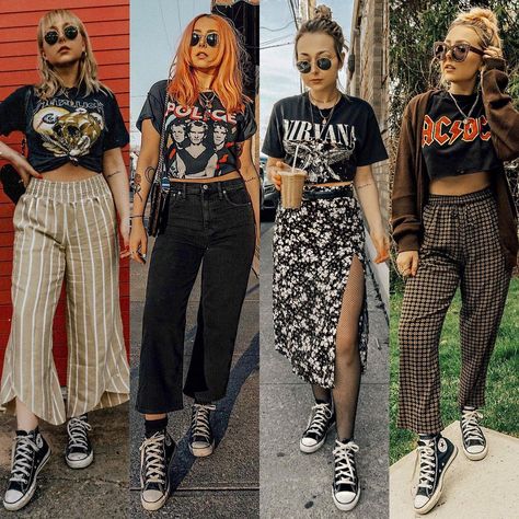 Classic high top cons and band tees🤌 Two staples that will live in my wardrobe forever ❤️ Which look is your fav? | Instagram Alternative Gig Outfit, Alternative Brunch Outfit, Classic Alternative Style, Alternative Mum Style, Edgy Mom Aesthetic, Alternative Concert Outfit Fall, Summer Rock N Roll Outfits, Rocker Mom Outfits, Outdoor Gig Outfit