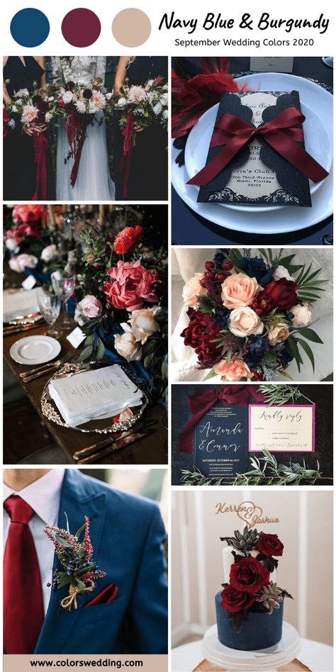 September Wedding Colors, Navy And Burgundy Wedding, Burgundy Wedding Colors, Fall Wedding Color Schemes, Wedding Color Combos, Blue And Burgundy, 8 September, Colors Schemes, Wedding Theme Colors