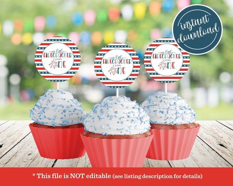 Our Little Firecracker Cupcake Topper, 4th of July 1st First Birthday ONE Red White and Blue Firecracker Patriotic Stars Stripes Cupcake by BDPDesigns on Etsy Firecracker Cupcakes, Cupcake 1, Name Tent, 1st Birthday Balloons, Birthday Party Cups, Birthday One, Edible Cupcake Toppers, 1st Birthday Banners, Champagne Label