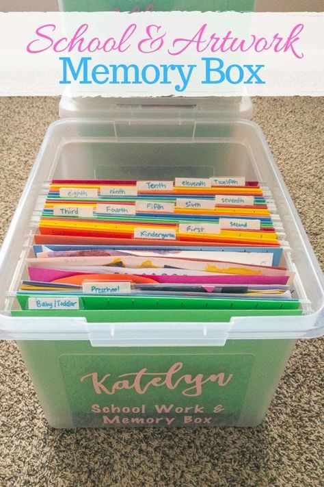 Are you not sure what to do with all of that school and artwork your kids bring home? Learn how to make your own school memory boxes. It's easier than you think to organize your kid's school and artwork! #cricut #cricutprojects #vinylprojects #schoolmemoryboxes Kids Paperwork Storage, School Project Storage Ideas, School Stuff Organization At Home, School Storage Ideas For Home, Kids School Art Storage, Kindergarten Keepsake Boxes, School Artwork Storage, School Year Keepsake Storage, School Work Storage Ideas