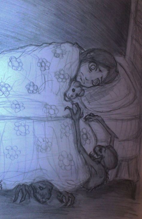 Monster Under The Bed Art, Bed Drawing Reference, Demons In My Head, Monsters In My Head, Bed Drawing, Monsters Under The Bed, Art Childhood, Creepy Circus, Childhood Fears