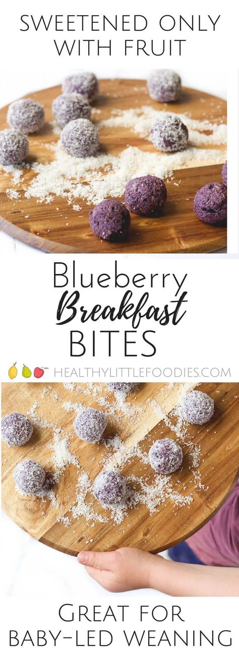 Blueberry breakfast balls. Blueberry, oats, peanut butter and oats blazed and rolled into balls. A healthy breakfast perfect for kids and babies. Blueberry Breakfast Balls, Protein Balls For Toddlers, Toddler Protein Balls, Paleo Toddler Snacks, Healthy Blueberry Muffins For Kids, Blw Blueberry Muffins, Blueberry Balls, Blueberry Toddler Recipes, Blueberry Bliss Balls