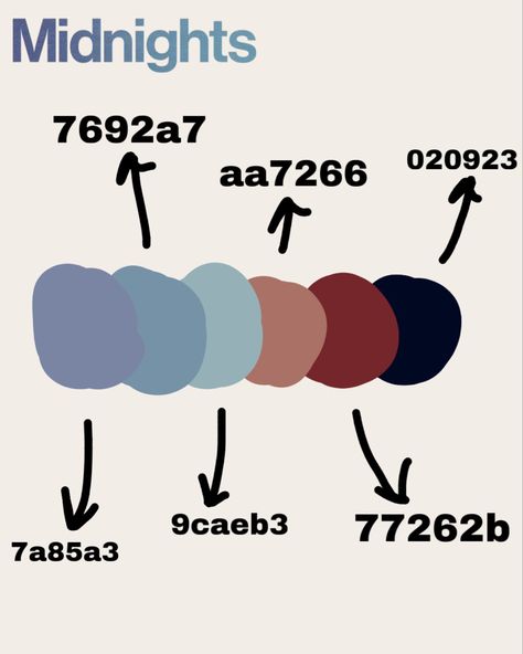 Midnights Album Color Palette, Taylor Swift Album Covers Color Palette, Midnight Taylor Swift Color Palette, Midnights Taylor Swift Colors, Taylor Swift Hex Codes, Midnights Color Palette Taylor Swift, Taylor Swift Color Palette 1989, Taylor Swift Albums As Colors, Taylor Swift Album Pallete