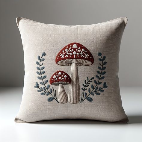 Decorative throw pillow featuring a whimsical mushroom embroidery design on a textured cotton cover, adding a woodland touch to any cottagecore living space. #smallbusiness #fantasy #whimsical #cottagecore #gofundme #linkinbio #pillow Halloween Cushions, Mushroom Pillow, Whimsical Pillows, Mushroom Embroidery, Whimsical Cottagecore, Cottagecore Living, Pillow Embroidery, Baby Pillows, Unique Throw Pillows