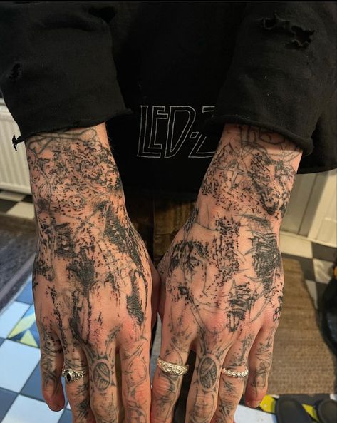 Glitch Art Tattoo, Contrasting Tattoos, Eurotrash Tattoo, Sick Tattoos For Guys, Tatoos Men Hand, Back Hand Tattoo, Tattoo Hand Men, Layered Tattoo, Mens Hand Tattoos