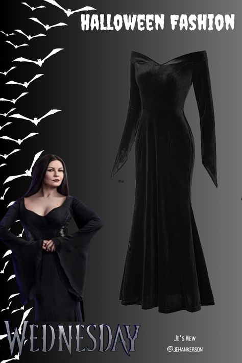 Looking for costume insporation? Dress up as your favorite member of the Addams Family, Morticia for Halloween! #Morticia #AddamsFamily #Wednesday #Costume #Halloween Morticia Addams Inspired Prom Dress, Mortisha Adams Dress, Morticia And Gomez Addams Cosplay, Long Black Dress Morticia, Morticia Addams Dress Pattern, The Addams Family Morticia, Wednesday Addams Long Sleeve Dress, Addams Family Morticia, Morticia Addams Costume