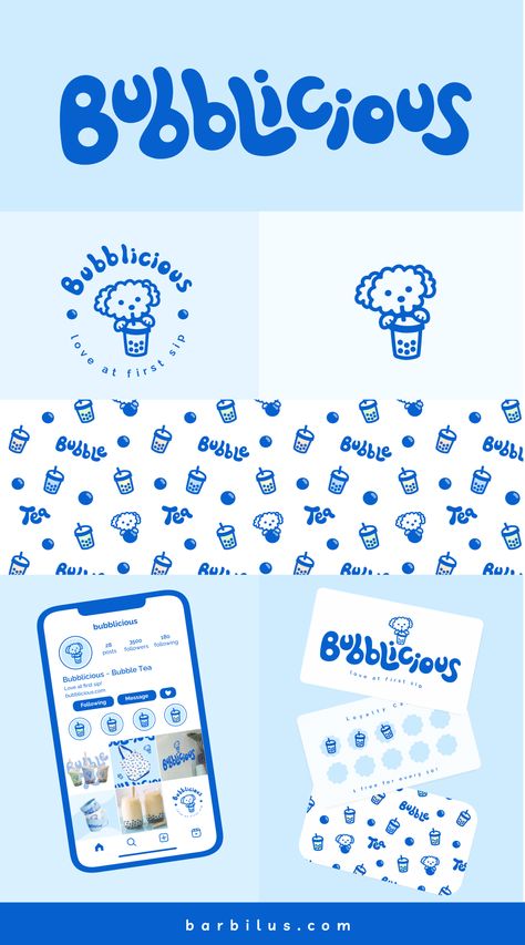 Brand identity for cute and minimal bubble tea brand called Bubblicious. This branding project includes custom primary logo, secondary logo, brandmark, color palette, brand pattern, custom icons and mascot, social media design, menu design, custom stickers and cup design. The overall feeling is Korean design style with a hand drawn mascot and soft colors such as blue and white. The brand character is fully designed by Barbilus, a cute puppy drinking bubble tea included in all the brand assets. Bubble Tea Logo, Cute Branding, Color Palette Brand, Fun Branding, Cafe Business, Tea Logo, Bubble Tea Shop, Instagram Carousel, Brand Pattern