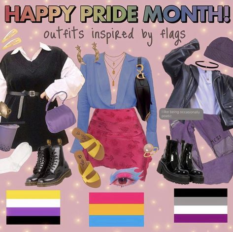 Pride Outfit Ideas Aesthetic, Pride Clothes Aesthetic, Pride Flags As Outfits, Lgbtq Outfits Aesthetic, Outfits Inspired By Pride Flags, Pride Month Outfit Ideas, Pan Outfits Pride, Pansexual Outfit Ideas, Genderfluid Outfits