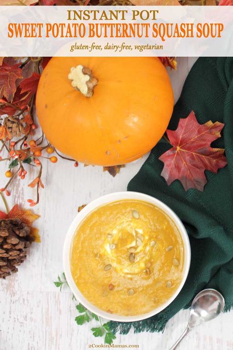 Fall calls for warm soups like this creamy, rich Instant Pot Sweet Potato Butternut Squash Soup. It's quick and easy in the Instant Pot and full of healthy goodness. Sweet potatoes and butternut squash are sweetened naturally with apples and honey and a flavor boost from goat cheese. It's a hearty lunch or dinner, perfect for busy weekdays. #soup #sweetpotatoes #butternutsquash #fall #winter #recipe #instantpot #glutenfree #dairyfree #vegetarian via @2CookinMamas Potato Butternut Squash Soup, Sweet Potatoes And Butternut Squash, Instant Pot Sweet Potato, Apples And Honey, Snacks Under 100 Calories, Hearty Lunch, Healthy Sweet Snacks, Eating Fast, Sweet Potato Soup