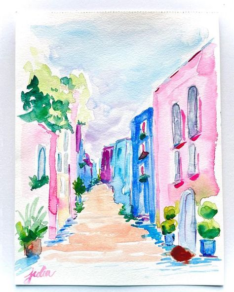 Julia Brinkley on Instagram: "Sometimes watercolor comes most naturally… I’ve been having more and more of these days lately 🎨 I love the way the colors can blend and flow so easily. It’s so carefree and fun! I hope your week is going well! • • • #jbrinkleyc #watercolor #watercolorpainting #womenwhopaint #Maryland #marylandartist #flashesofdelight #eclectichome #colorfuldecor #colorfulart#mycolorfulhome #grandmillenialstyle #artstrending #flowersmakemehappy #artistsoninstagram #art_spotlight # Eclectic Watercolor Art, Preppy Watercolor Paintings, Watercolor Art Summer, Summer Watercolor Paintings, Charleston Watercolor, Positano Painting, Walk Print, Preppy Watercolor, Expressive Watercolor