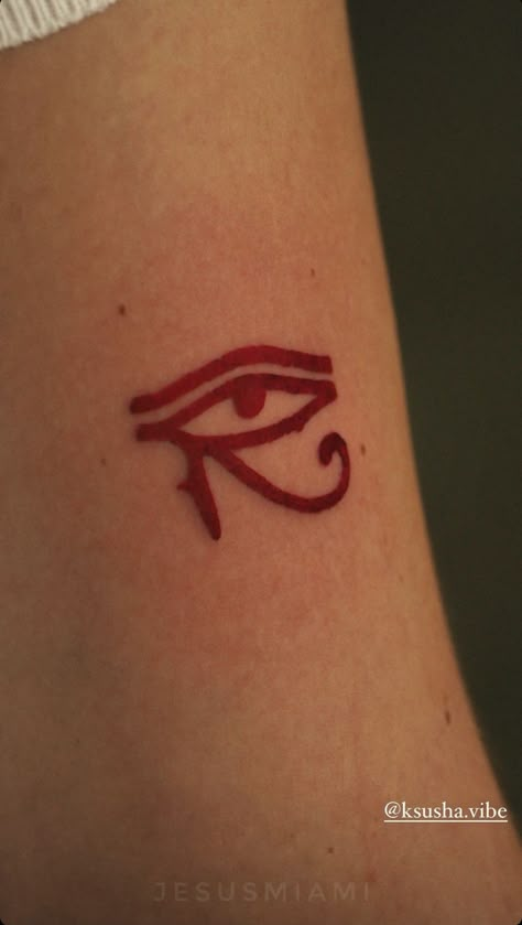 Red Egyptian Tattoo, Red Eye Of Horus Tattoo, Devil Eye Tattoo, Red Eye Tattoo, Dark Red Tattoo, Red Eyes Tattoo, Horus Eye Tattoo, Red Tattoo Designs, Eye Tattoo On Arm