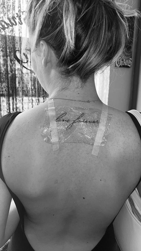 Photo of back with tattoo Live Forever Tattoo Oasis, Oasis Inspired Tattoo, Oasis Lyrics Tattoo, Live Forever Tattoo, Courteeners Tattoo, Oasis Tattoo Ideas, Lyric Tattoos Placement, Oasis Tattoo, Forever Tattoo