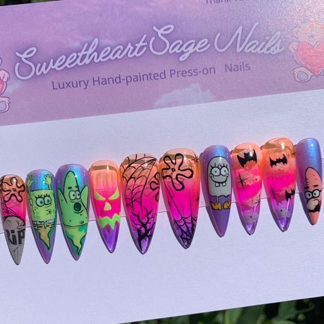 Spongebob Halloween Nails, Halloween Spongebob Nails, Spongebob Inspired Nails, Nail Designs Spongebob, Spongebob Nails Designs, Spong Bob Nails, Spongebob Sky Nails, Scooby Doo Nails, Spongebob Nail Art