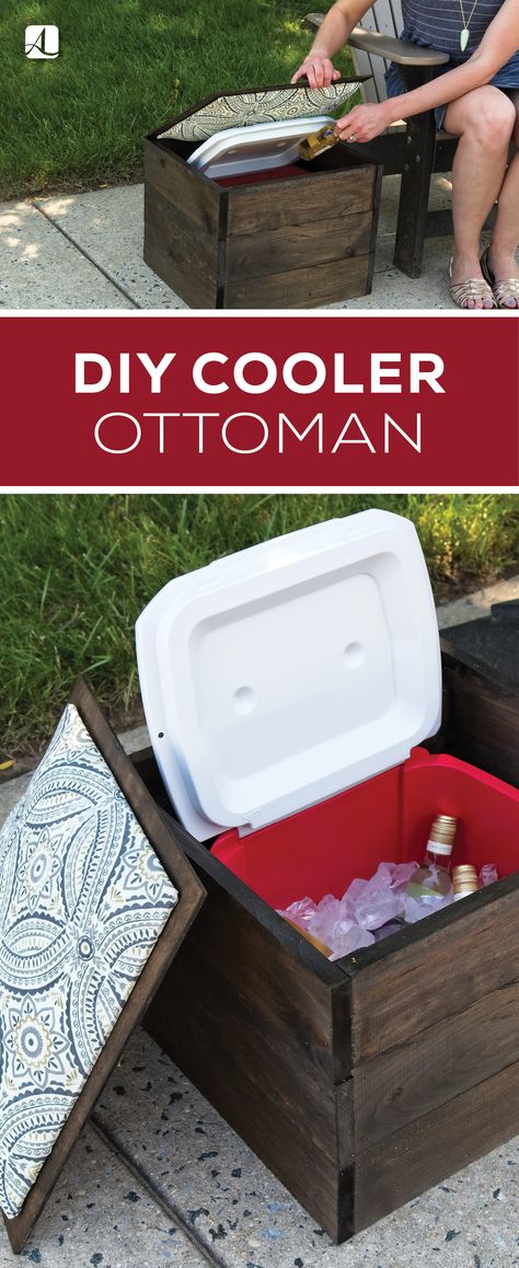 Coolers are a necessity for a backyard party—how else are you going to keep your drinks cold? Unfortunately, they can look rather bulky and unattractive with your outdoor decor. | #diy #cooler #ottoman Cooler Repurpose, Diy Cooler Table, Diy Outdoor Footstool, Patio Cooling Ideas, Diy Outdoor Ottoman, Wood Cooler, Build Outdoor Furniture, Outdoor Footstool, Diy Cooler