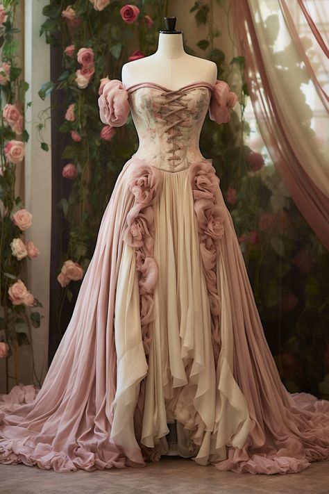 Rose flower inspired gown Enchanted Forest Gown Prom, Rose Inspired Dress, Garden Of Time Dress, Fairy Gown, Rose Gown, Fantasy Dresses, Royal Dresses, Fantasy Gowns, Fairytale Dress