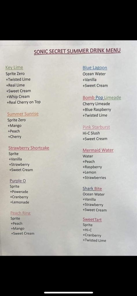 Sonic Drinks With Sweet Cream, Secret Sonic Drinks, Dirty Sonic Drinks, Sonic Drink Ideas, Sugar Free Sonic Drinks, Sonic Slush Combinations, Sonic Dirty Soda Recipes, Sonic Secret Menu Drinks, Sonic Recipes