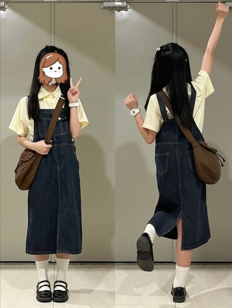 Overalls Outfit Drawing Reference, Overall Skirt Outfit, Denim Dress Outfit, Simple Style Outfits, Mori Fashion, Overall Outfit, Style Kawaii, Overall Skirt, Japan Outfit