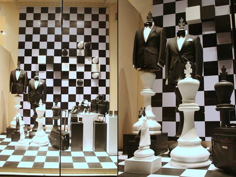 Louis Philippe Window Display October 2013 Delhi India 04 Giant Chess Pieces, Fashion Window Display, Giant Chess, Store Window Displays, Visual Merchandising Displays, Window Display Design, Best Windows, Louis Philippe, White Windows