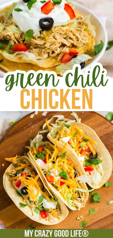 This easy Green Chili Chicken Recipe is a delicious base recipe to be used in healthy chicken tacos, chicken taco salad, easy chicken tostadas, or cheesy chicken enchiladas! Green Chili Shredded Chicken, Green Chili Chicken Bowls, Green Chilli Chicken Crockpot, Chicken And Green Chili Recipes, Green Chicken Tacos, Crockpot Green Chili Chicken, Green Chili Chicken Tacos, Green Chili Chicken Crockpot, Taco Salad Easy