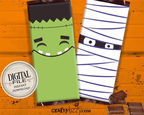 Mummy Halloween Chocolate Bar Wrapper - Frankenstein Printable Candy Favors - Happy Halloween Hershey's Bar Label - Classroom Trick or Treat Favors - INSTANT DOWNLOAD Halloween Candy Bar, Hershey Bar Wrappers, Dulces Halloween, Hershey Chocolate Bar, Personalized Wedding Decor, Kid Friendly Halloween, Hershey Bar, Candy Party Favors, Halloween Chocolate