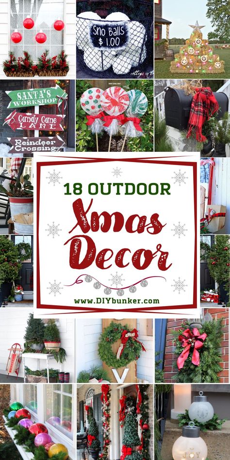 It's the most wonderful time of the year! Time to deck your halls with DIY outdoor Christmas decorations. These quick and easy tutorials will have you feeling festive in no time - without having to break a sweat. From simple, rustic decorating ideas that are perfect for country homes all the way down to city chic styling, there is something here for everyone. Front Yard Holiday Decor, Christmas Front Yard Decorations, Christmas Garage Decorations, Neighborhood Christmas Decorations, Christmas Yard Decorations Ideas, Christmas Front Yard Decor, Classic Outdoor Christmas Decorations, Christmas Lawn Decorations Front Yards, Christmas Ideas Wishlist