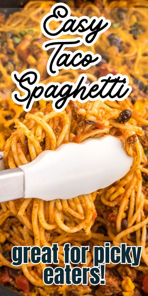 Cheesy taco spaghetti close up image. Easy Taco Spaghetti Recipes, Baked Taco Spaghetti Easy, Taco Spaghetti Ground Beef, Beef Spaghetti Recipes, Taco Spaghetti To Die For, Taco Spaghetti Easy, Mexican Spaghetti Recipes, Taco Spaghetti Bake, One Pot Spaghetti Recipe