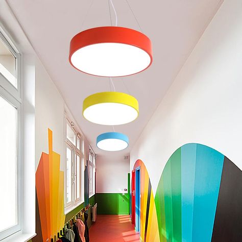 School Lighting Design, Daycare Interior Design, School Lighting, Kids Ministry Rooms, Lamp Kids Room, Kids Church Decor, Stair Art, Kindergarten Interior, Preschool Designs