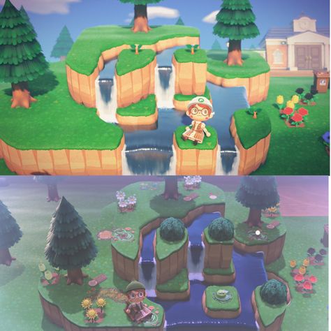 Animal Crossing House On Cliff, Cliff Decoration Animal Crossing, Acnh Cliff Waterfall Ideas, Animal Crossing Cliff Design, Cliff Ideas Animal Crossing, Acnh House On Cliff, Acnh South River Mouth Ideas, Acnh Heart Cliff, Acnh Cliff Decoration