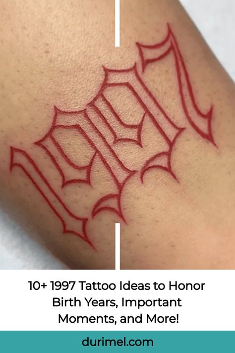 Celebrate your birth year or a special moment with these unique 1997 tattoo ideas. From minimalist designs to intricate artwork, find inspiration for your next ink. #tattooideas #1997birthyear #inkinspiration Est 1981 Tattoo Ideas, Est 1991 Tattoo Ideas, Red Year Tattoos, 1999 Tattoo Stencil, Tattoo With Words For Women, 1997 Tattoo Above Knee, 1997 Old English Tattoo, Year Tattoo On Knee, Red Birth Year Tattoo