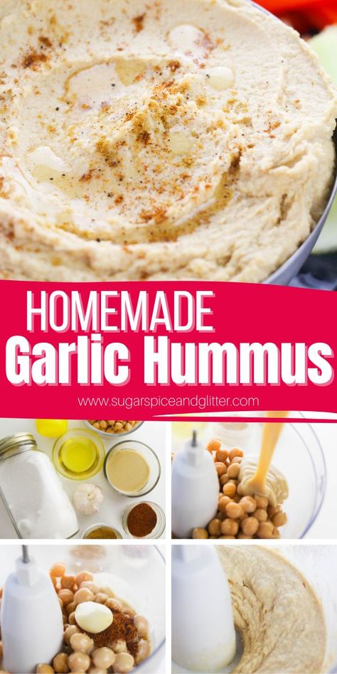 It’s incredibly easy to make Homemade Garlic Hummus at home in less than 10 minutes. Today’s homemade hummus recipe is creamy and velvety smooth with plenty of protein, fibre and healthy fats. It’s rich with fruity olive oil, nutty tahini, brightness and acidity from lemon juice and a bit of a pungent kick from the garlic. Humus Recipes Homemade, Hummus Recipe Blender, Garlic Hummus Recipe Homemade, How To Make Hummus, Homemade Garlic Hummus, Lemon Hummus Recipe, Home Made Hummus, Hummus Appetizers, Garlic Hummus Recipe