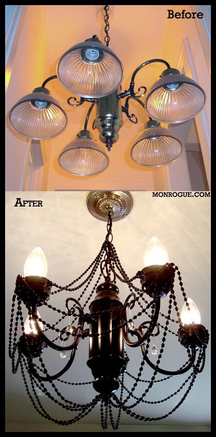 Flip the chandelier over, add some embellishments, and voila, a new take on it!  I hate the beads and color, but the idea here is something I can take and run with.... Brass Chandelier Makeover, Chandeliers Diy, Camo Room, Goth Mansion, Door Lighting, Chandelier Makeover, Diy Luminaire, Chandelier Ideas, Halloween Decor Diy