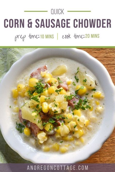 Sausage Corn Chowder Recipe, Sausage Corn Chowder, Sausage Chowder, Corn And Sausage, Potatoes And Sausage, Gf Dinner, Pho Soup, Chowder Soup, Homemade Soup Recipe