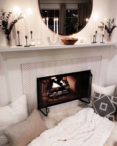 Mantle Update, Fireplace Decor Ideas, Fresh Eucalyptus, Live Set, Tall Vase, Fireplace Tile, Room Design Bedroom, Tall Vases, Round Mirror