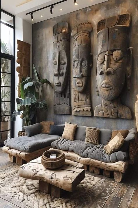 African Interior Design, African Inspired Decor, Modern Rustic Living Room, African Interior, Afrikaanse Kunst, African Home Decor, African Decor, Rustic Living, Rustic Living Room