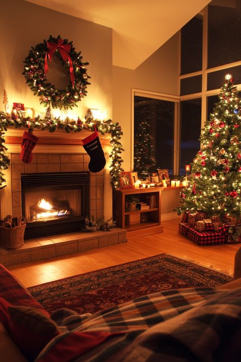 Transform your living space with this charming winter home decor! Featuring a beautifully decorated fireplace, glowing candles, and a twinkling Christmas tree, this setup is perfect for creating a warm, festive atmosphere. #WinterHomeDecor #CozyVibes #HolidayMagic Cozy Xmas Living Rooms, Christmas Fireplace Aesthetic, Sacred Aesthetic, Prop Artwork, Christmas Cozy Home, Warm Christmas Decor, Christmas Fireplaces, Joy Decorations, Tree Decoration Ideas