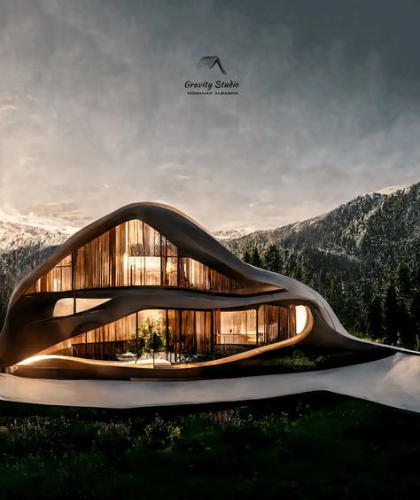 Mountain Villa Design Architecture, Mountain Concept Interior Design, Mountain Resort Architecture, Villa Concept, Cave Design, Black Architecture, Mountain Villa, Futuristic House, Mountain Architecture