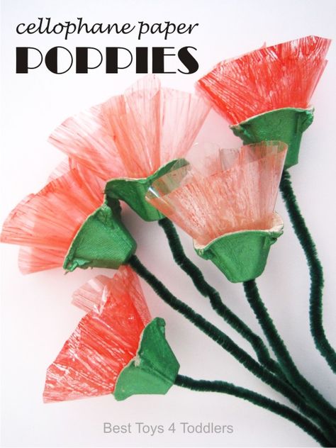 Cellophane Paper Poppies, created as a part of #junkplay challenge. Lovely little craft for kids and adults alike. Cellophane Craft Ideas, Poppy Craft For Toddlers, Cellophane Crafts, Cellophane Flowers, Cellophane Art, Anzac Art, Paper Poppies, Egg Cartons, Egg Carton Crafts