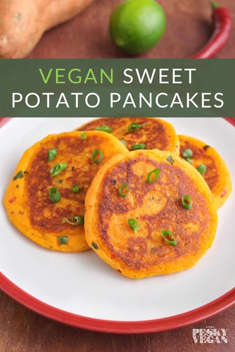 These vegan sweet potato pancakes bring that leftover mash to life with fresh chilli and lime for a delicious dish that's dairy-free, egg-free, and gluten-free. #vegan #veganpancakes #sweetpotatocakes #sweetpotatorecipe #veganbreakfast #glutenfree Sweet Potato Cornbread Vegan, Vegan Sweet Potato Cornbread, Sweet Potato Pancakes Vegan, Sweet Potato Cornbread, Sweet Potato Patties, Foods Ideas, Sweet Potato Cake, Sweet Potato Pancakes, Egg Free Recipes