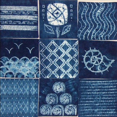 Samples of different stitch resist shibori patterns | ©Tela shibori, via flickr Shibori Designs, Shibori Fabric, Shibori Pattern, Indigo Prints, Shibori Dye, Shibori Tie Dye, Indigo Shibori, Textiles Techniques, Indigo Fabric