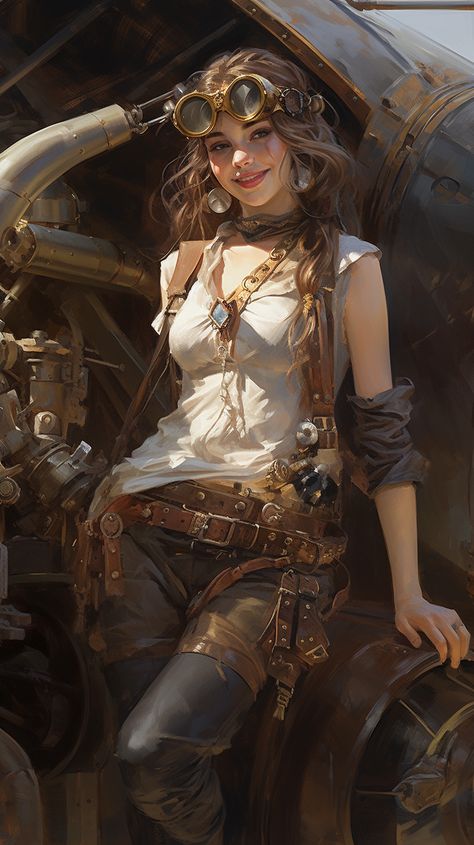 Mechanic Fantasy Art, Steampunk Dungeons And Dragons, Steampunk Armor Female, Steampunk Gunslinger Female, Dieselpunk Aesthetic Outfit, Steampunk Oc Art, Steampunk Mechanic Character Design, Inventor Aesthetic Outfit, Female Steampunk Outfit