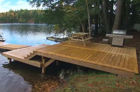 Deck By Water, Waterfront Deck Ideas, Small Docks On The Lake Ideas, Path To Lake Ideas, Lake Decks Ideas, Lake House Docks Ideas, Lakeside Deck Ideas, Small Lake Dock, Lake House Yard Ideas